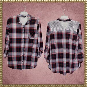 Hype Button Down Lace Panel Back Long Sleeve Top Size 3X
